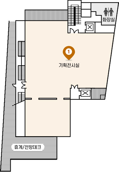 함안박물관 층별시설안내 2F. 화장실, 기획전시실, 휴게/전망데크가 위치해있습니다
