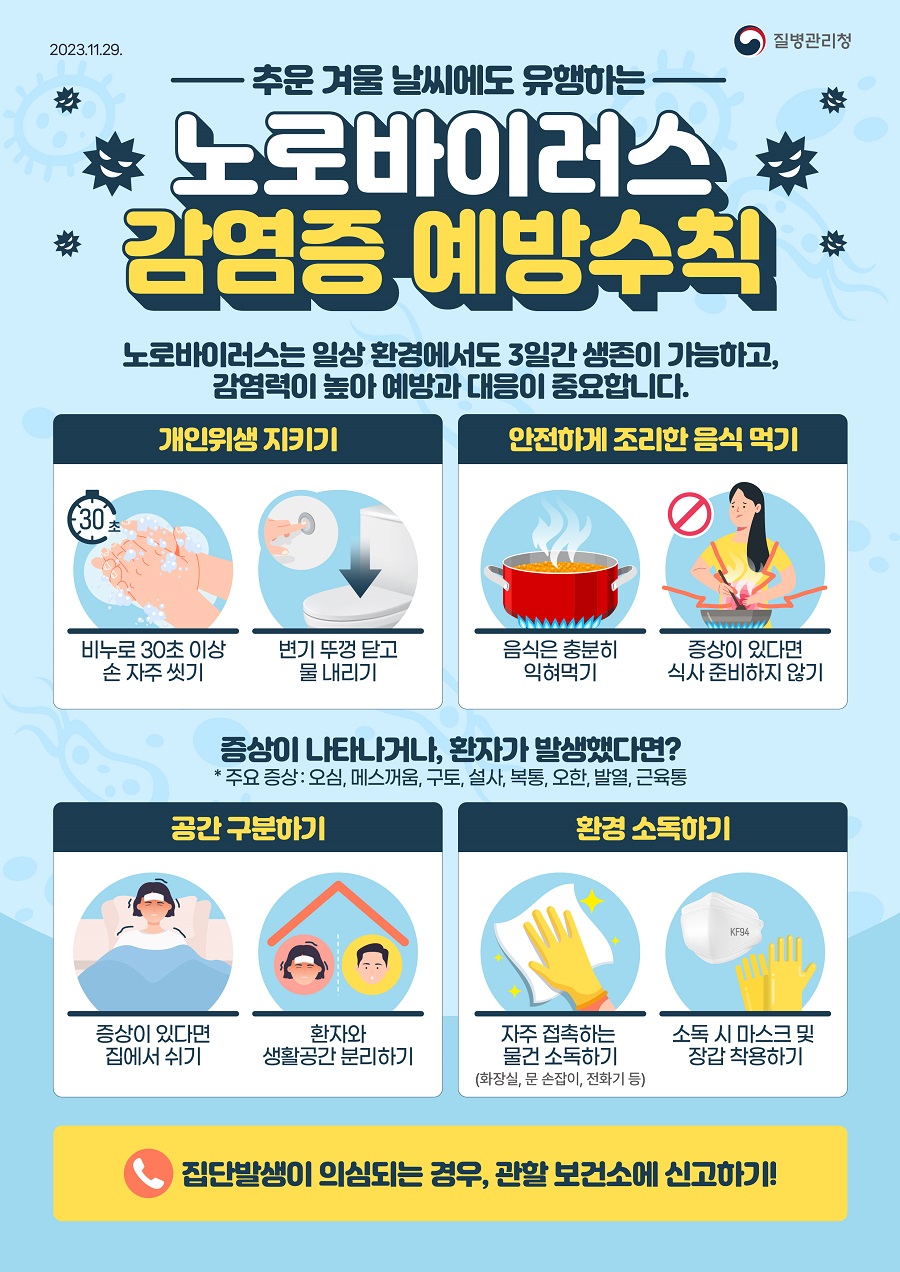 추운 겨울 날씨에도 유행하는 노로바이러스 감염증 예방수칙 질병관리청 포스터